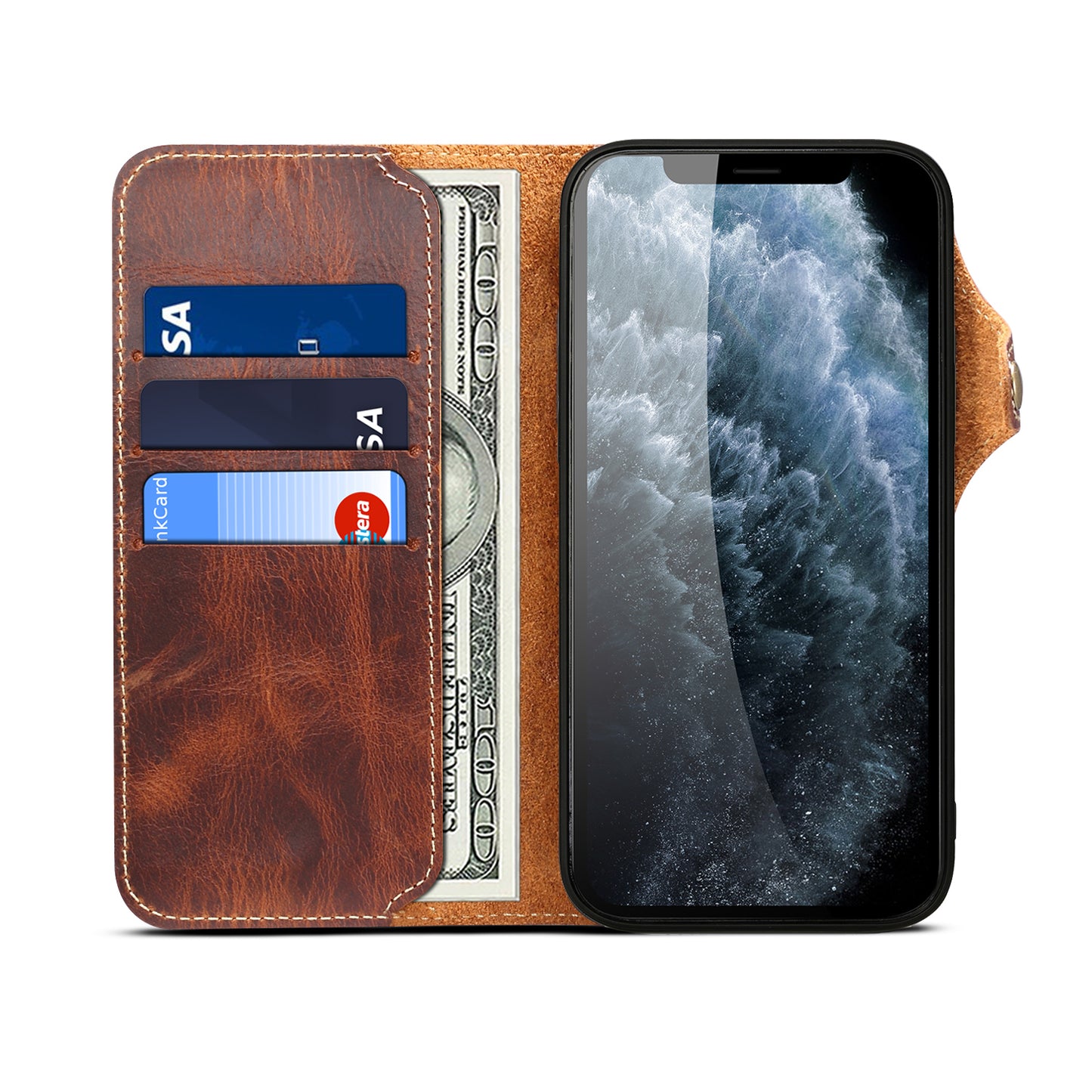 Full Protective Genuine Leather Wallet Phone Shell Cover with Lanyard for iPhone 13 Pro 6.1 inch