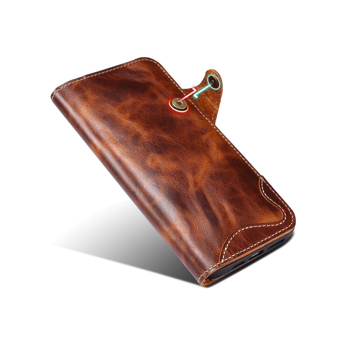 Full Protective Genuine Leather Wallet Phone Shell Cover with Lanyard for iPhone 13 Pro 6.1 inch