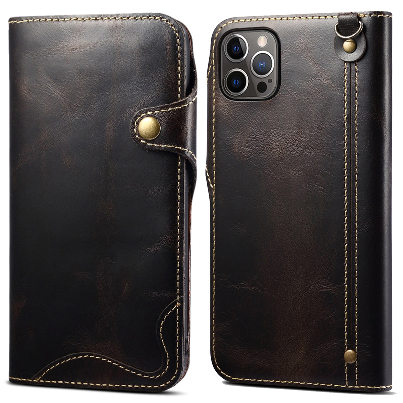 Full Protective Genuine Leather Wallet Phone Shell Cover with Lanyard for iPhone 13 Pro 6.1 inch