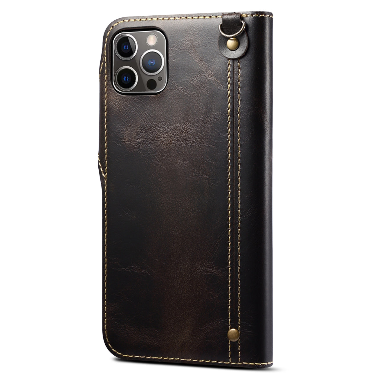 Full Protective Genuine Leather Wallet Phone Shell Cover with Lanyard for iPhone 13 Pro 6.1 inch