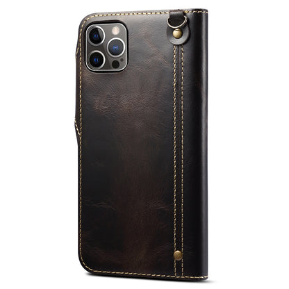 Full Protective Genuine Leather Wallet Phone Shell Cover with Lanyard for iPhone 13 Pro 6.1 inch