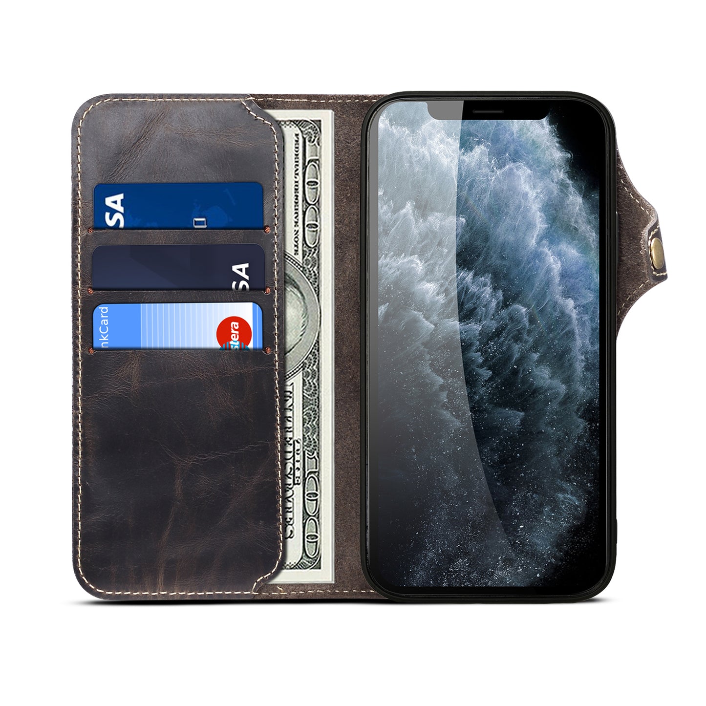 Full Protective Genuine Leather Wallet Phone Shell Cover with Lanyard for iPhone 13 Pro 6.1 inch