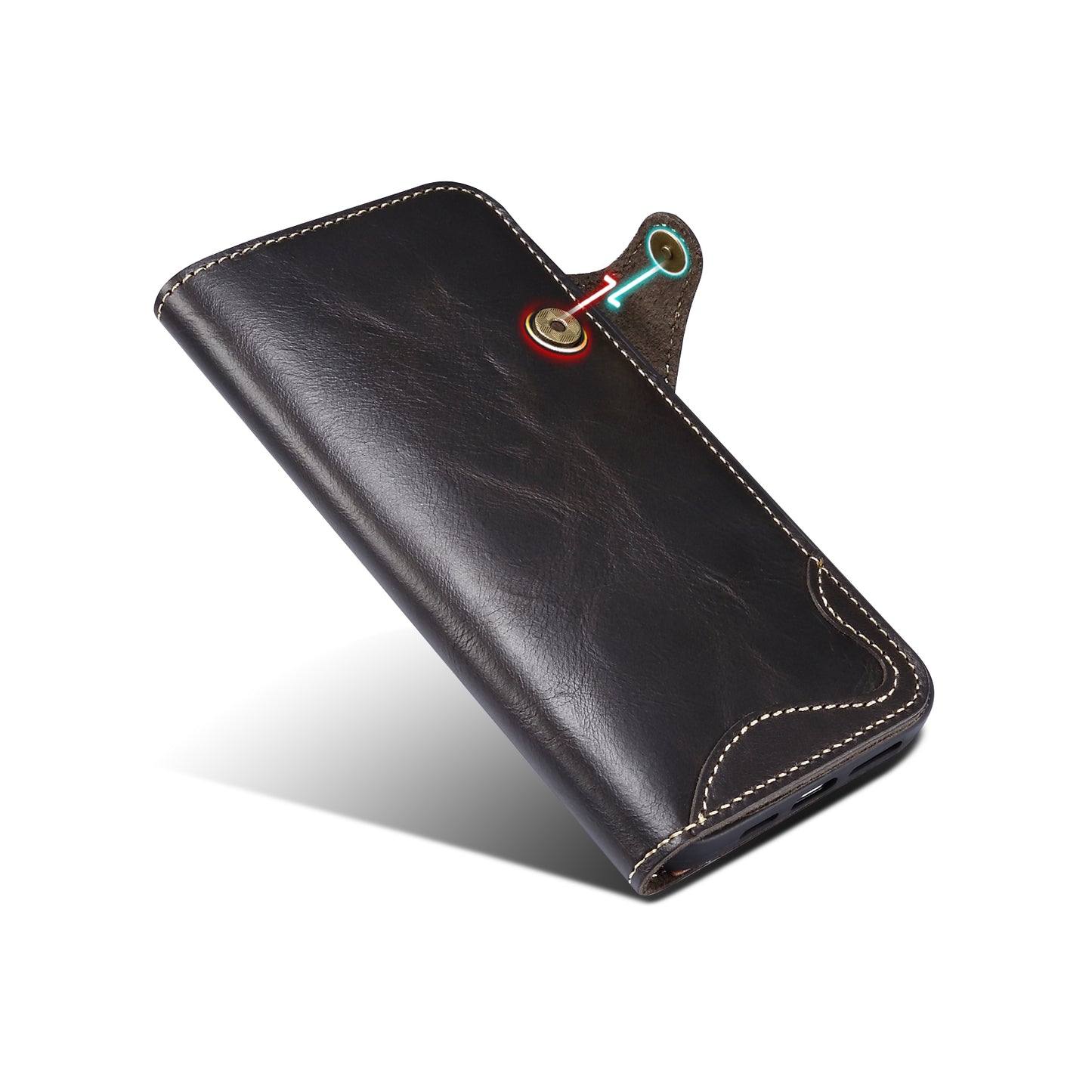 Full Protective Genuine Leather Wallet Phone Shell Cover with Lanyard for iPhone 13 Pro 6.1 inch