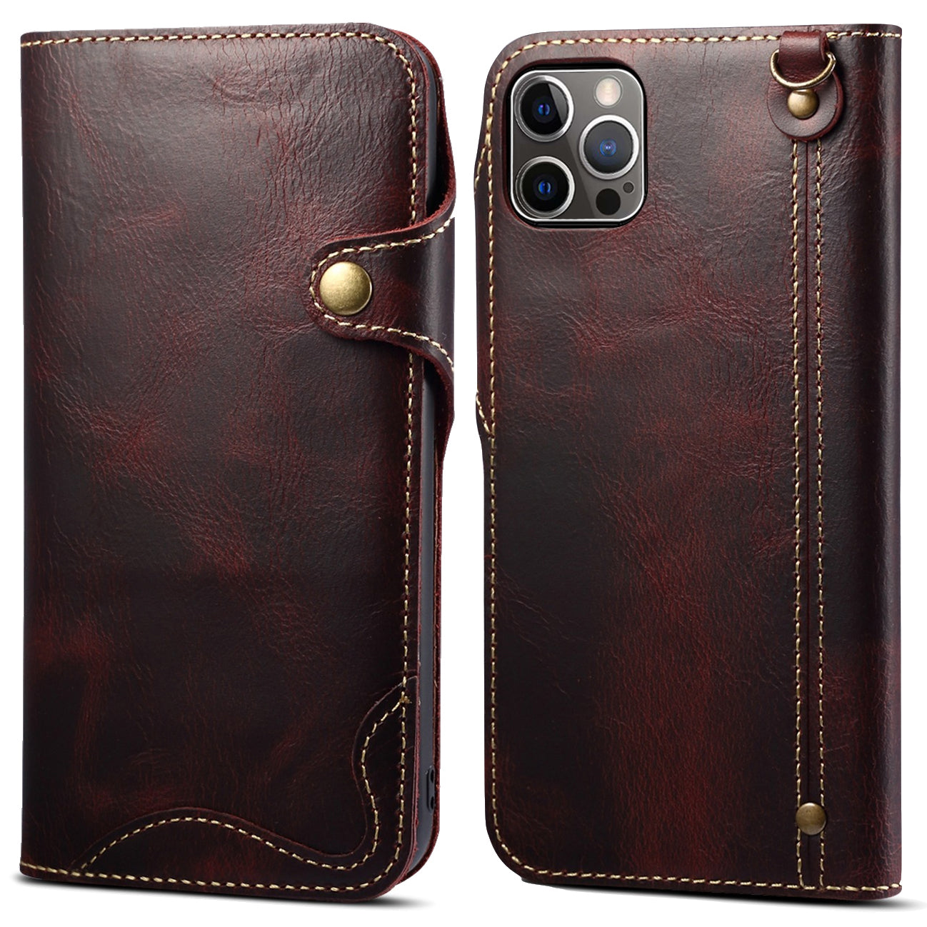 Full Protective Genuine Leather Wallet Phone Shell Cover with Lanyard for iPhone 13 Pro 6.1 inch