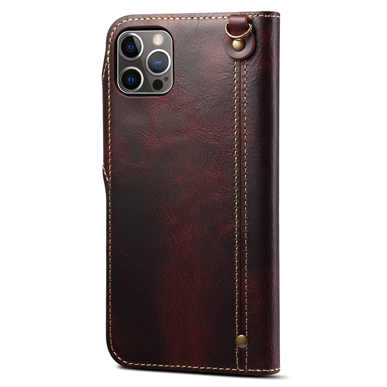 Full Protective Genuine Leather Wallet Phone Shell Cover with Lanyard for iPhone 13 Pro 6.1 inch