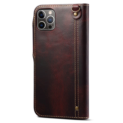 Full Protective Genuine Leather Wallet Phone Shell Cover with Lanyard for iPhone 13 Pro 6.1 inch