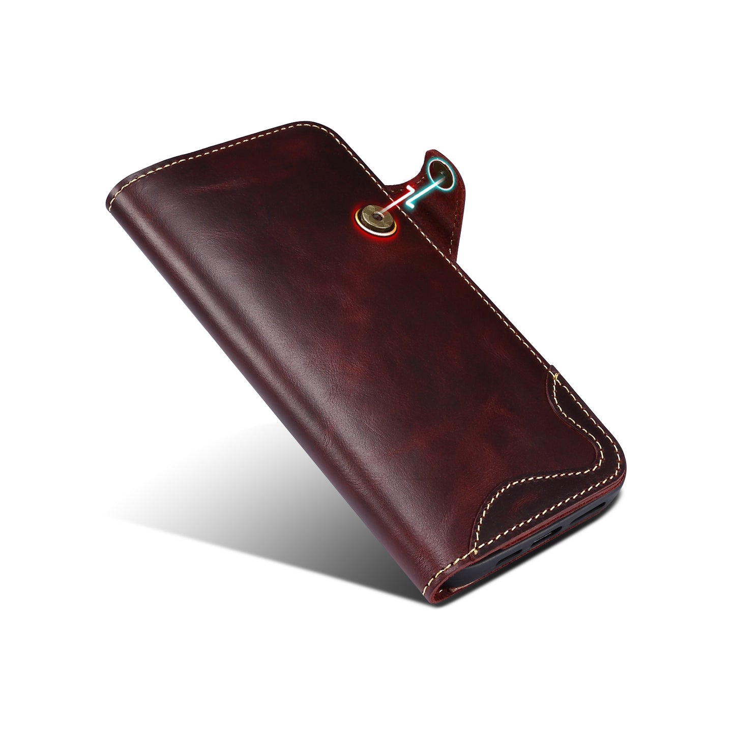 Full Protective Genuine Leather Wallet Phone Shell Cover with Lanyard for iPhone 13 Pro 6.1 inch