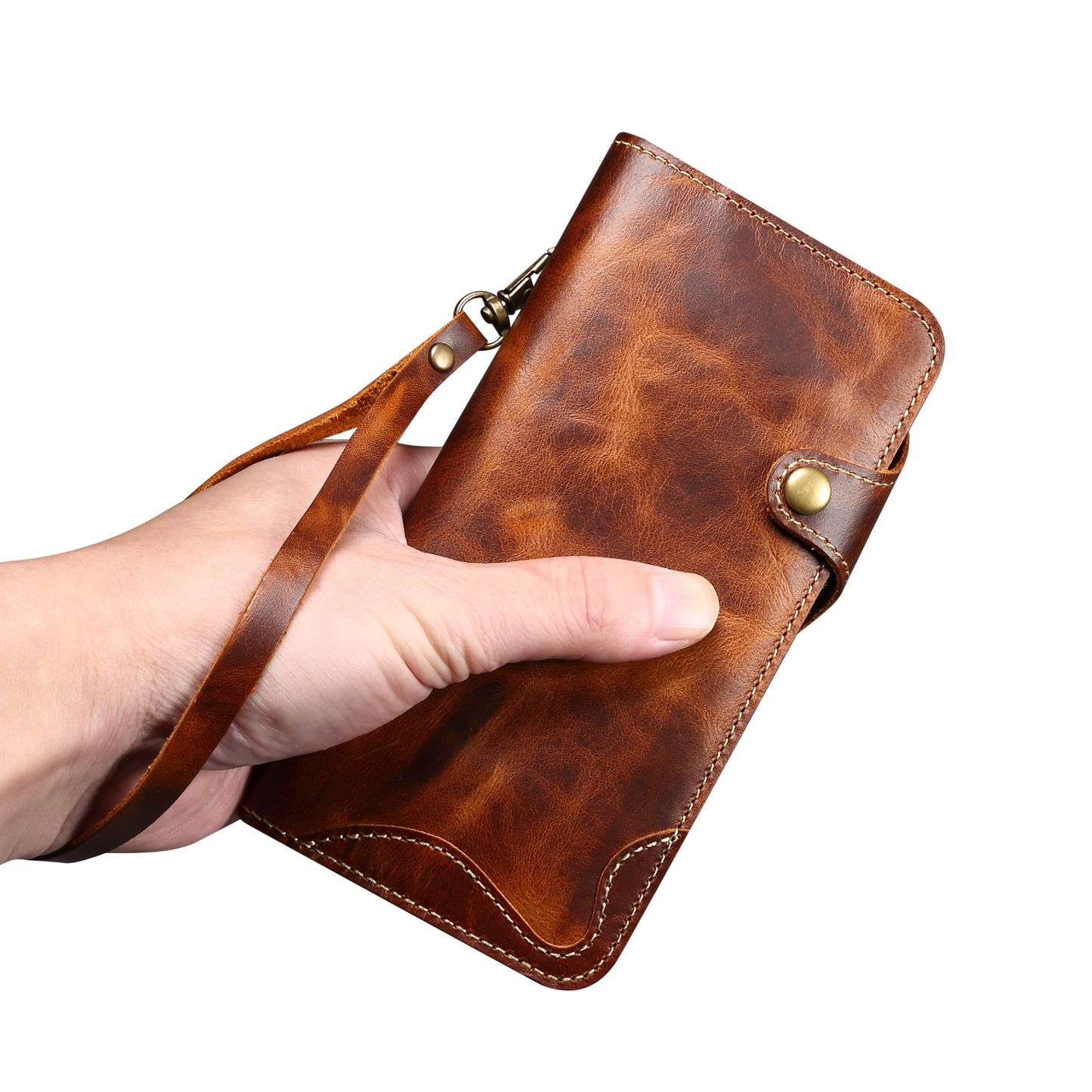 Full Protective Genuine Leather Wallet Phone Shell Cover with Lanyard for iPhone 13 Pro 6.1 inch