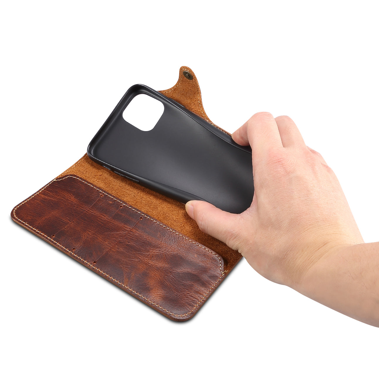 Full Protective Genuine Leather Wallet Phone Shell Cover with Lanyard for iPhone 13 Pro 6.1 inch