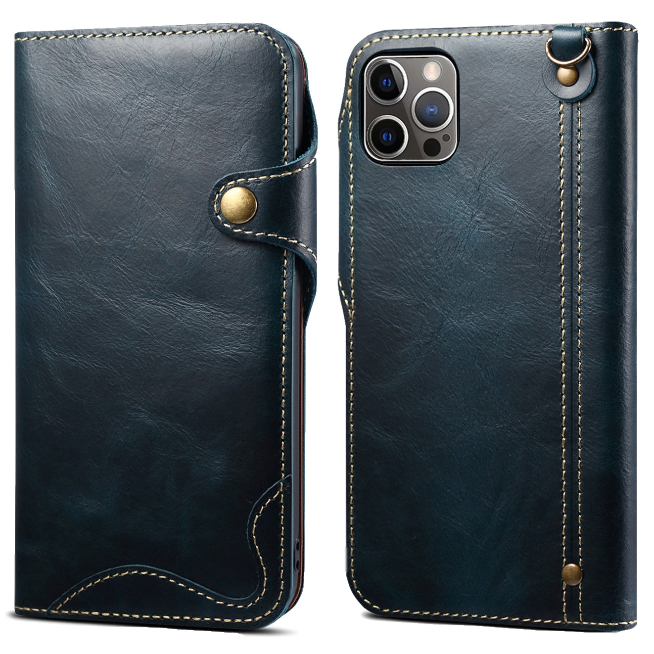 Full Protective Genuine Leather Wallet Phone Shell Cover with Lanyard for iPhone 13 Pro 6.1 inch