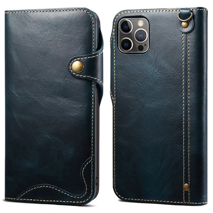 Full Protective Genuine Leather Wallet Phone Shell Cover with Lanyard for iPhone 13 Pro 6.1 inch
