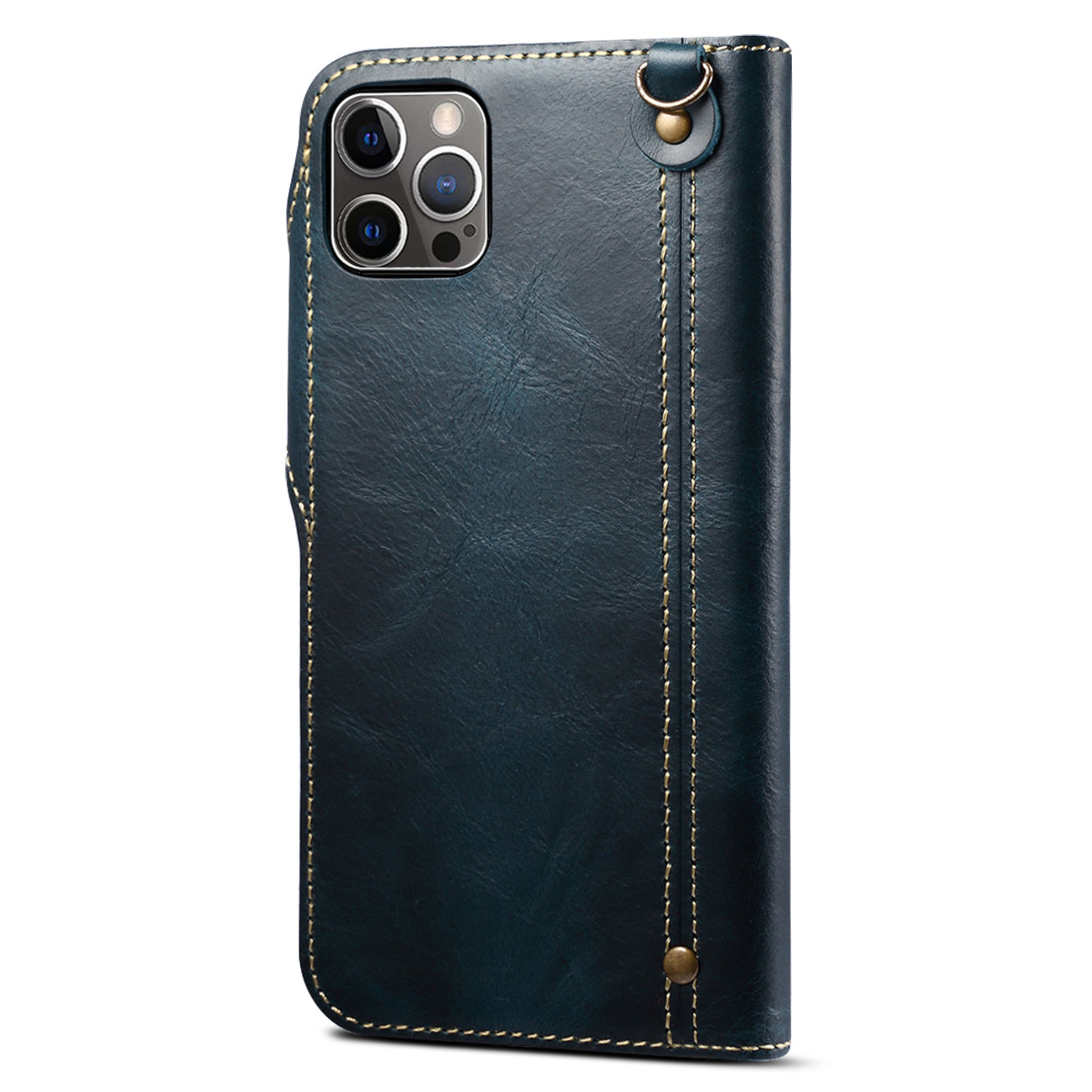 Full Protective Genuine Leather Wallet Phone Shell Cover with Lanyard for iPhone 13 Pro 6.1 inch