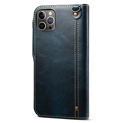 Full Protective Genuine Leather Wallet Phone Shell Cover with Lanyard for iPhone 13 Pro 6.1 inch