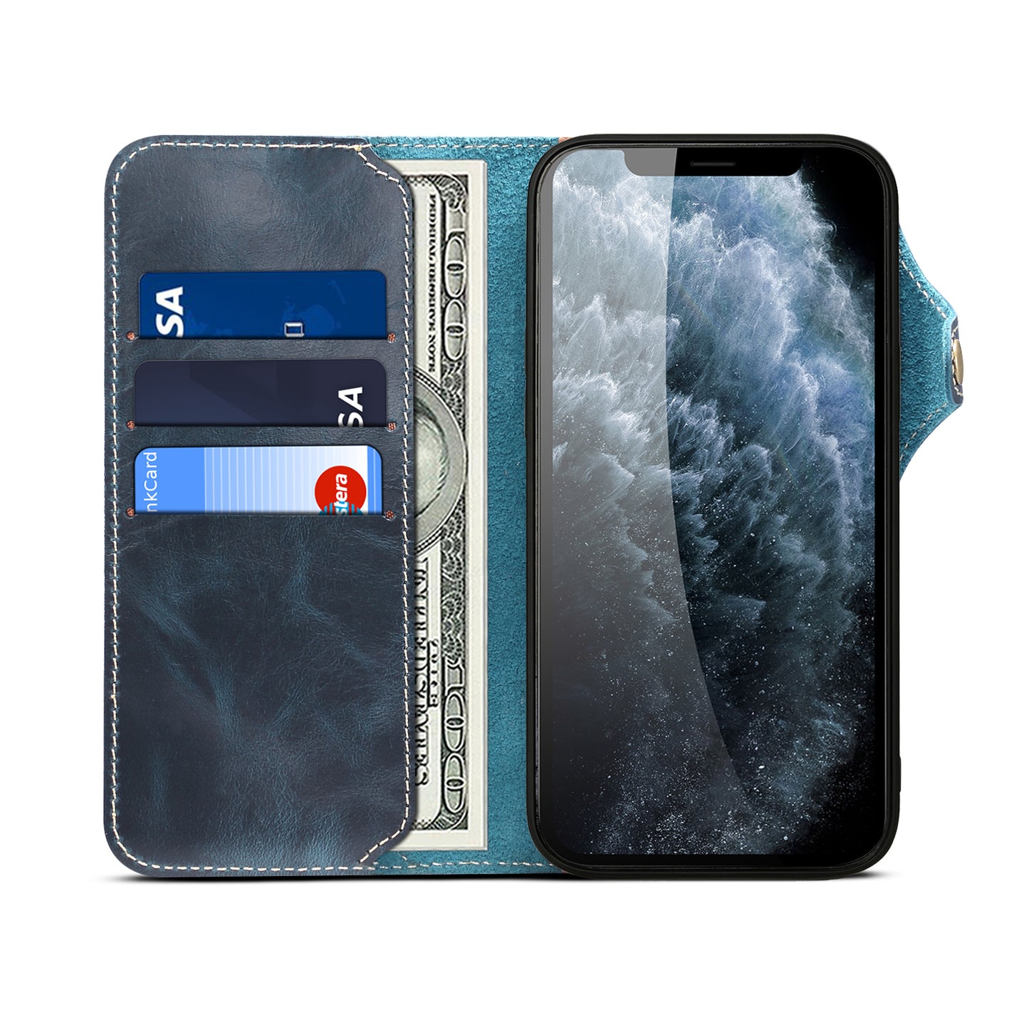 Full Protective Genuine Leather Wallet Phone Shell Cover with Lanyard for iPhone 13 Pro 6.1 inch