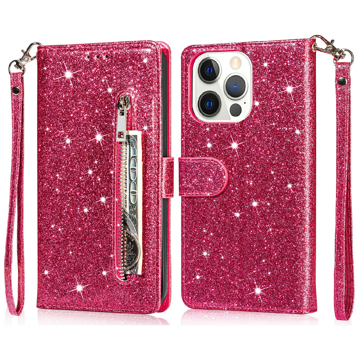 Glitter Sequins Wrist Strap Zipper Pocket Wallet Flip Leather Phone Case with Stand for iPhone 13 Pro Max 6.7 inch