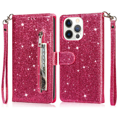 Glitter Sequins Wrist Strap Zipper Pocket Wallet Flip Leather Phone Case with Stand for iPhone 13 Pro Max 6.7 inch