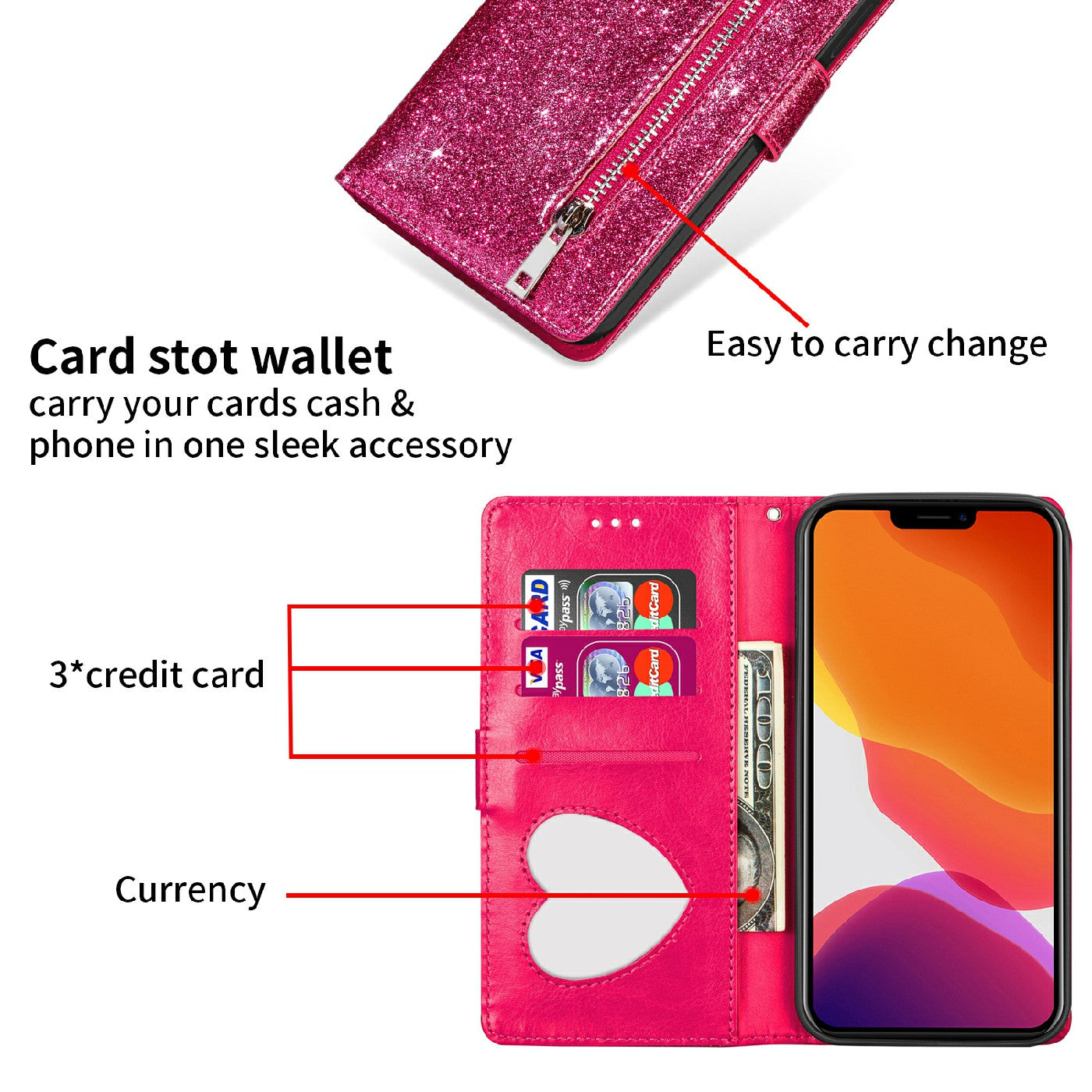 Glitter Sequins Wrist Strap Zipper Pocket Wallet Flip Leather Phone Case with Stand for iPhone 13 Pro Max 6.7 inch