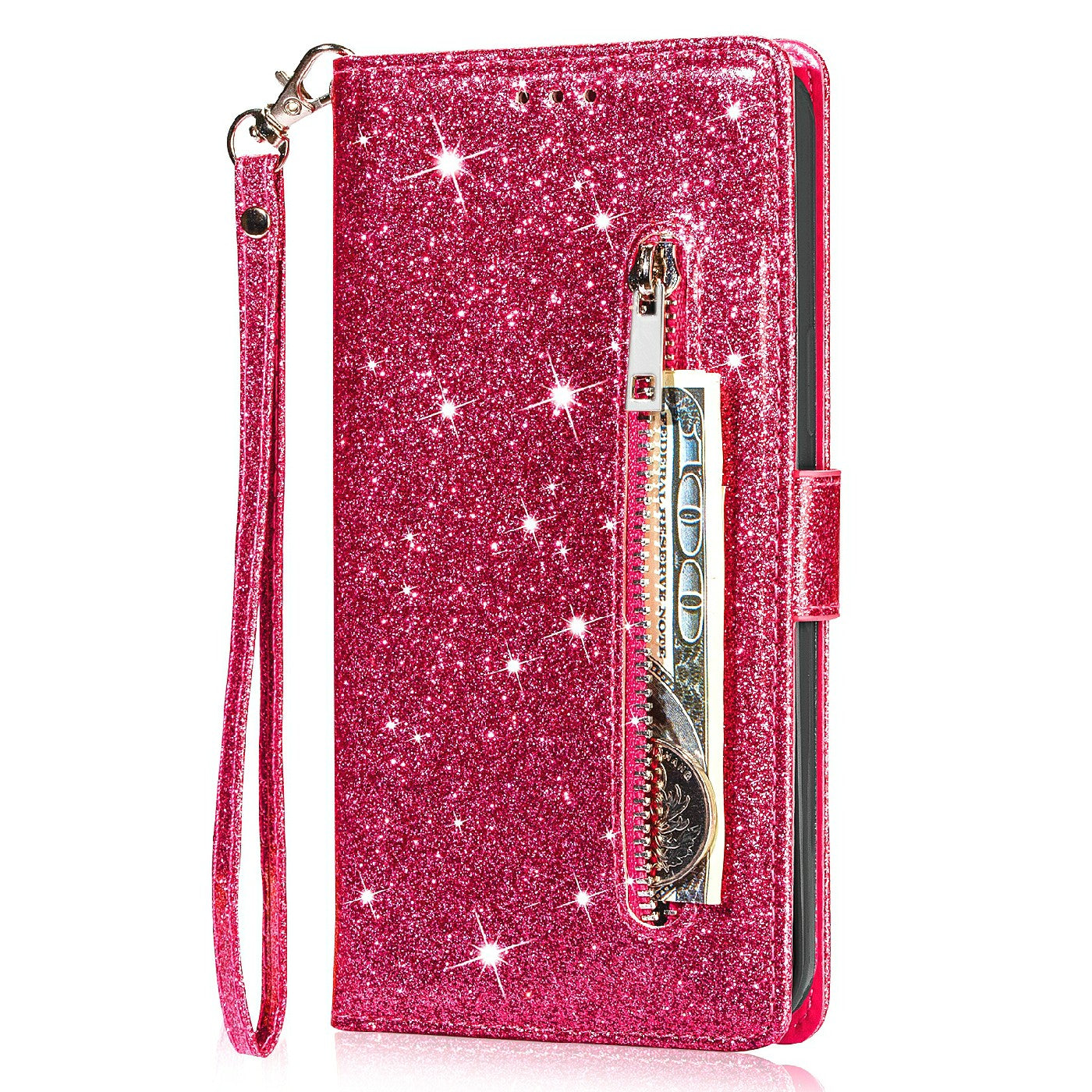Glitter Sequins Wrist Strap Zipper Pocket Wallet Flip Leather Phone Case with Stand for iPhone 13 Pro Max 6.7 inch
