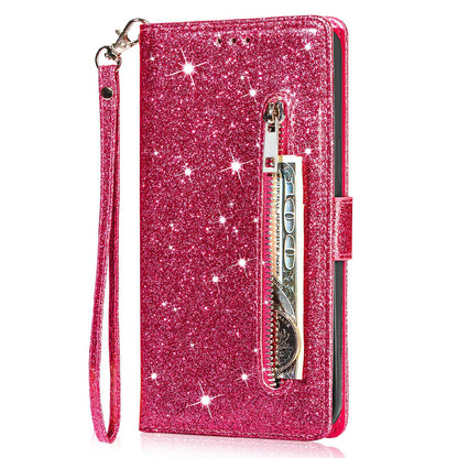 Glitter Sequins Wrist Strap Zipper Pocket Wallet Flip Leather Phone Case with Stand for iPhone 13 Pro Max 6.7 inch