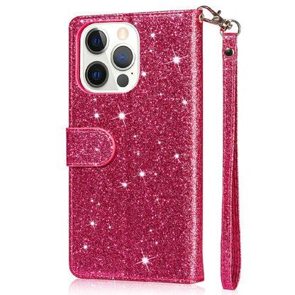 Glitter Sequins Wrist Strap Zipper Pocket Wallet Flip Leather Phone Case with Stand for iPhone 13 Pro Max 6.7 inch