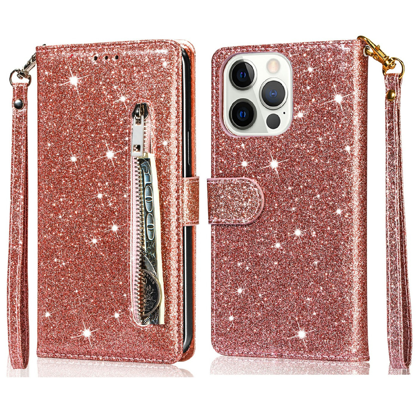 Glitter Sequins Wrist Strap Zipper Pocket Wallet Flip Leather Phone Case with Stand for iPhone 13 Pro Max 6.7 inch