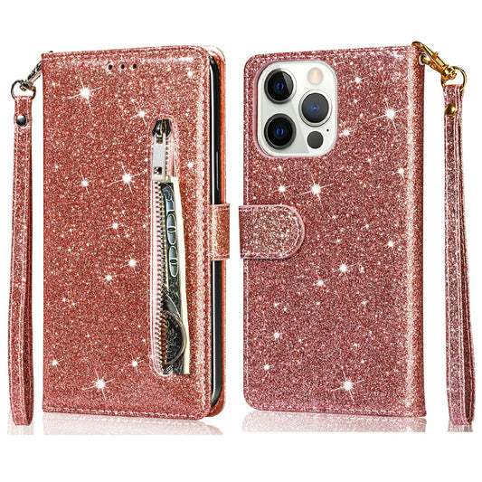 Glitter Sequins Wrist Strap Zipper Pocket Wallet Flip Leather Phone Case with Stand for iPhone 13 Pro Max 6.7 inch