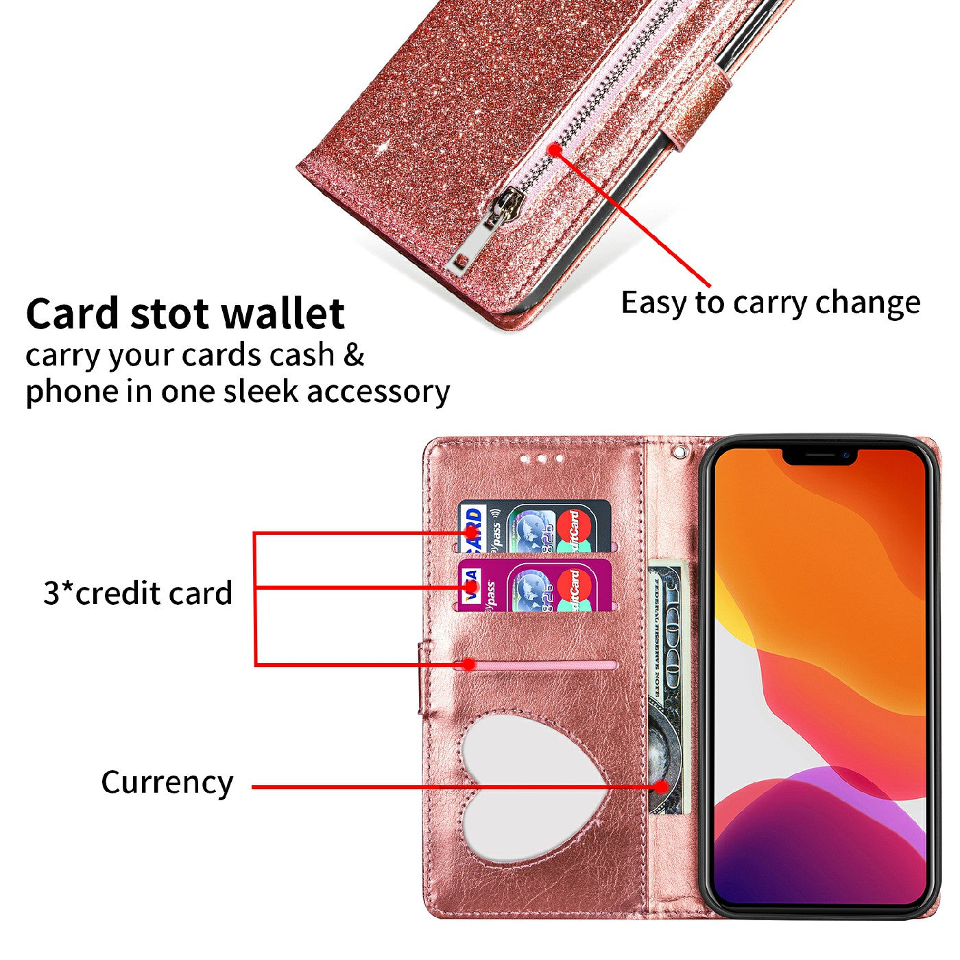 Glitter Sequins Wrist Strap Zipper Pocket Wallet Flip Leather Phone Case with Stand for iPhone 13 Pro Max 6.7 inch