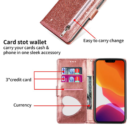 Glitter Sequins Wrist Strap Zipper Pocket Wallet Flip Leather Phone Case with Stand for iPhone 13 Pro Max 6.7 inch