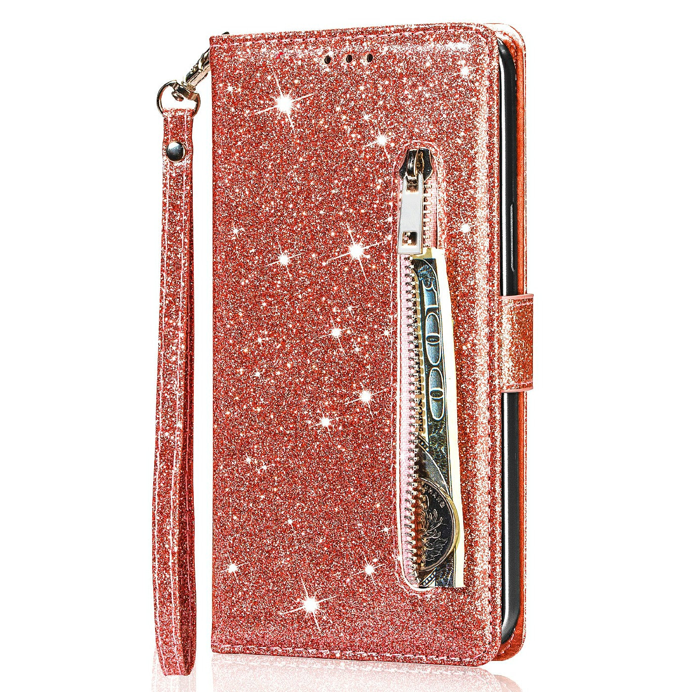 Glitter Sequins Wrist Strap Zipper Pocket Wallet Flip Leather Phone Case with Stand for iPhone 13 Pro Max 6.7 inch