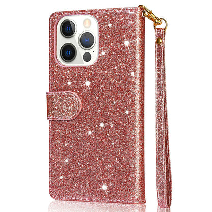 Glitter Sequins Wrist Strap Zipper Pocket Wallet Flip Leather Phone Case with Stand for iPhone 13 Pro Max 6.7 inch
