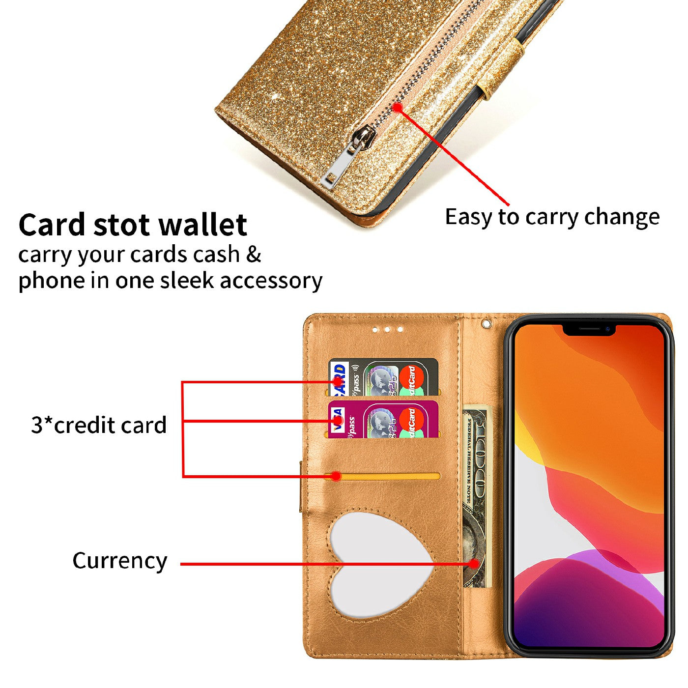 Glitter Sequins Wrist Strap Zipper Pocket Wallet Flip Leather Phone Case with Stand for iPhone 13 Pro Max 6.7 inch