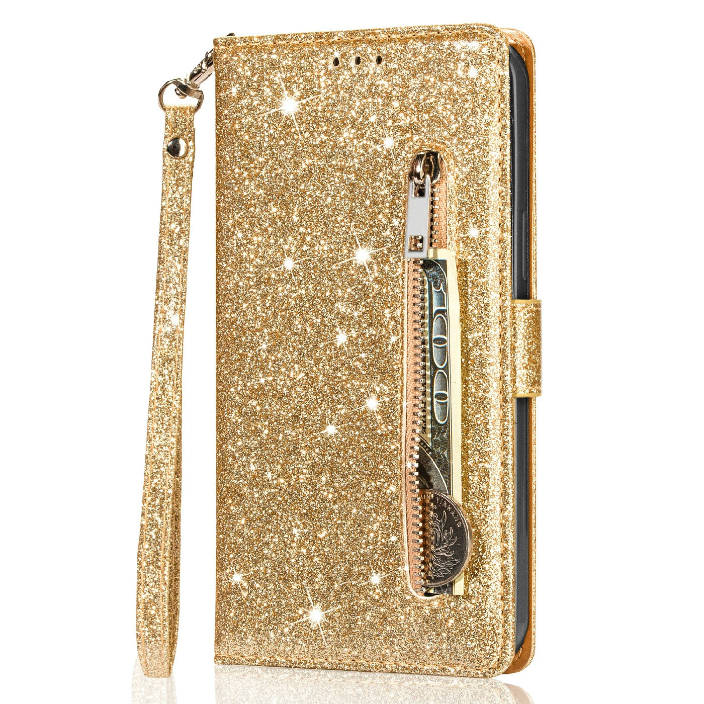 Glitter Sequins Wrist Strap Zipper Pocket Wallet Flip Leather Phone Case with Stand for iPhone 13 Pro Max 6.7 inch