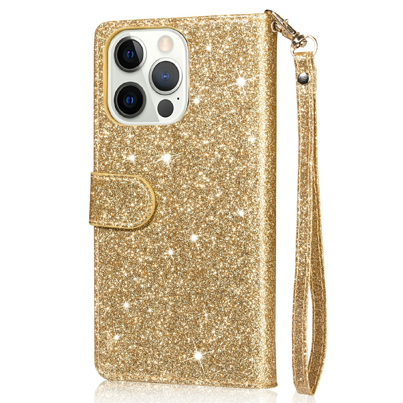 Glitter Sequins Wrist Strap Zipper Pocket Wallet Flip Leather Phone Case with Stand for iPhone 13 Pro Max 6.7 inch