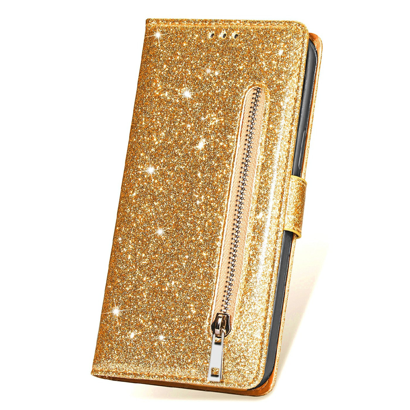 Glitter Sequins Wrist Strap Zipper Pocket Wallet Flip Leather Phone Case with Stand for iPhone 13 Pro Max 6.7 inch