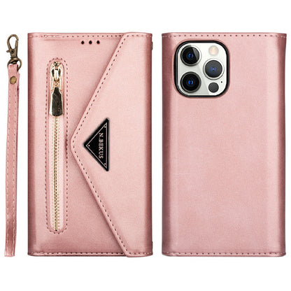 Leather Zipper Wallet Strap Design Full Protection Phone Case with Stand for iPhone 13 Pro 6.1 inch