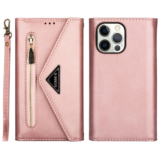 Leather Zipper Wallet Strap Design Full Protection Phone Case with Stand for iPhone 13 Pro 6.1 inch