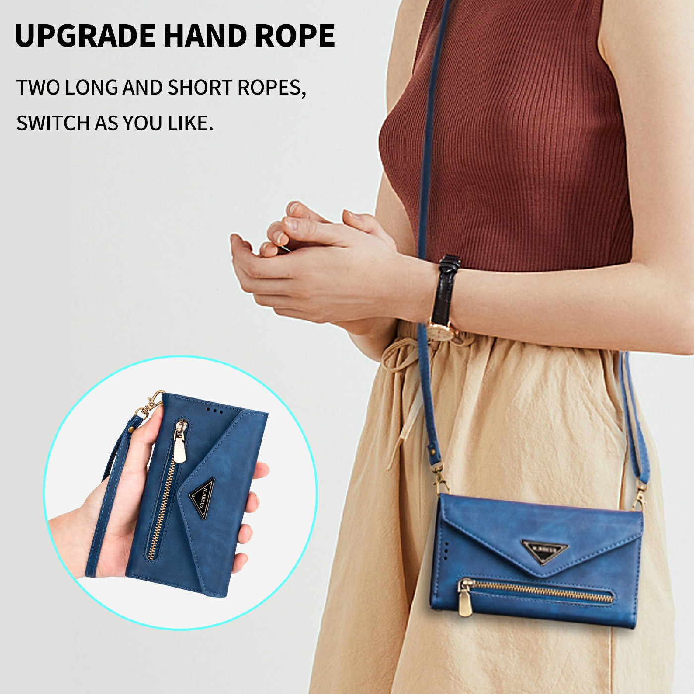 Leather Zipper Wallet Strap Design Full Protection Phone Case with Stand for iPhone 13 Pro 6.1 inch