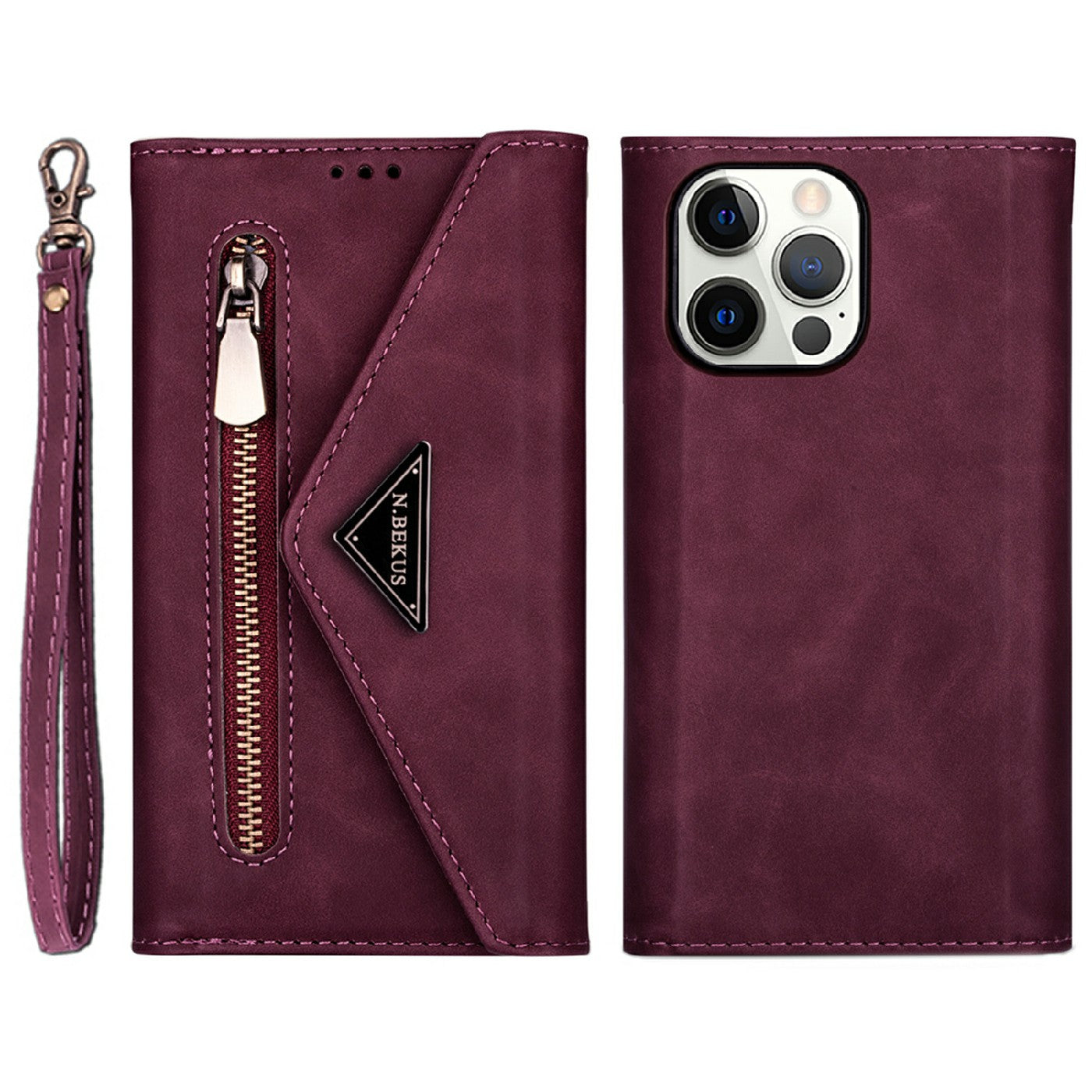 Leather Zipper Wallet Strap Design Full Protection Phone Case with Stand for iPhone 13 Pro 6.1 inch