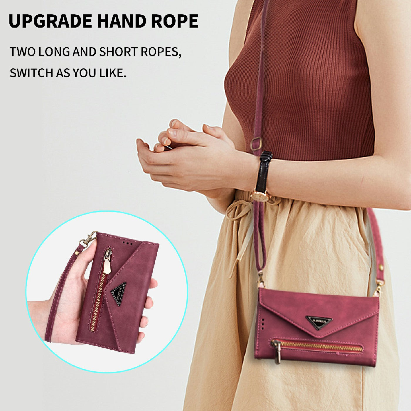 Leather Zipper Wallet Strap Design Full Protection Phone Case with Stand for iPhone 13 Pro 6.1 inch