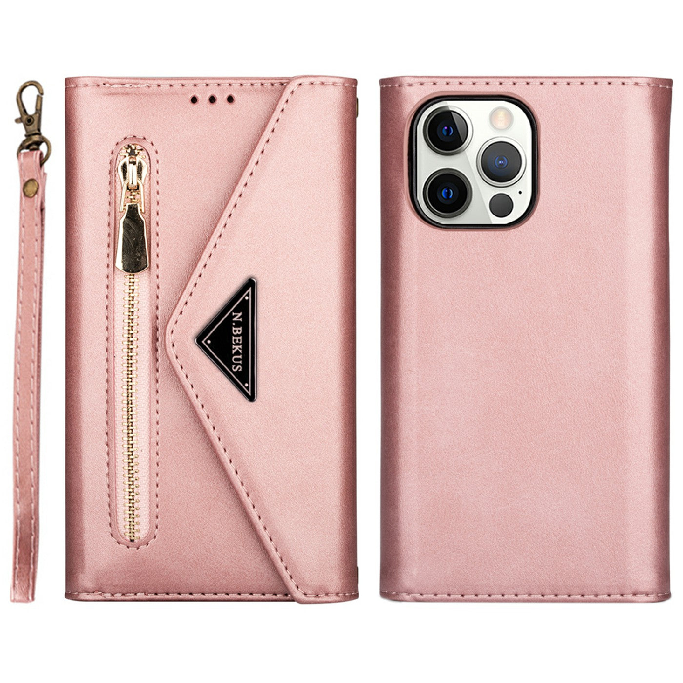 Skin Feeling Stylish Leather Zipper Wallet Stand Phone Case with Two Straps for iPhone 13 Pro Max 6.7 inch