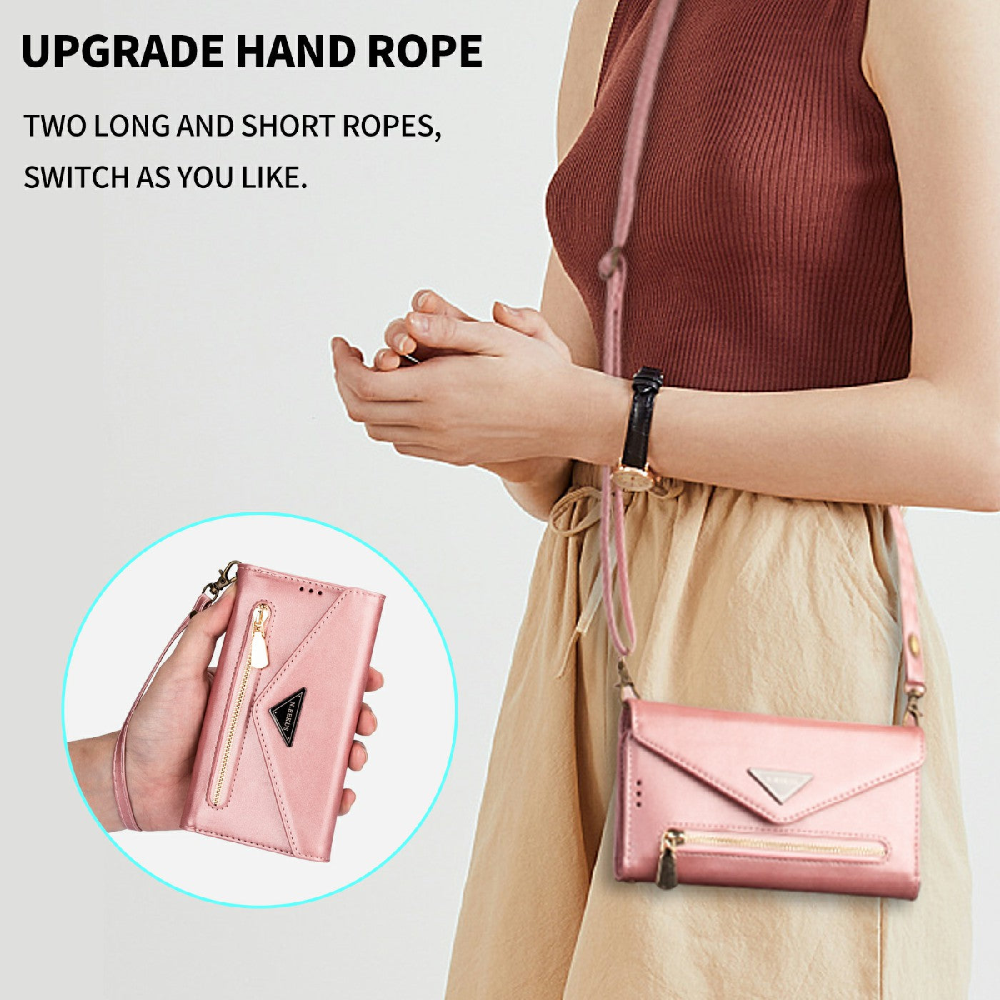Skin Feeling Stylish Leather Zipper Wallet Stand Phone Case with Two Straps for iPhone 13 Pro Max 6.7 inch