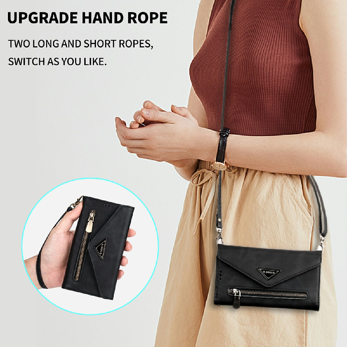 Skin Feeling Stylish Leather Zipper Wallet Stand Phone Case with Two Straps for iPhone 13 Pro Max 6.7 inch
