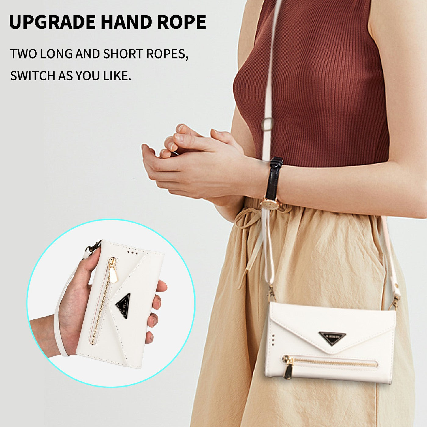 Skin Feeling Stylish Leather Zipper Wallet Stand Phone Case with Two Straps for iPhone 13 Pro Max 6.7 inch