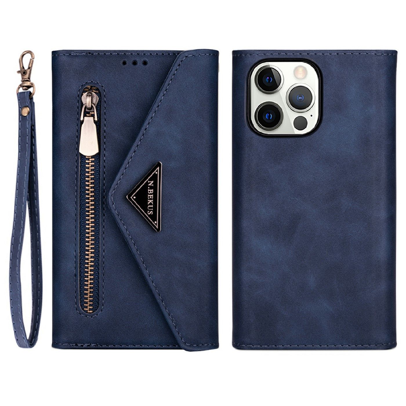 Skin Feeling Stylish Leather Zipper Wallet Stand Phone Case with Two Straps for iPhone 13 Pro Max 6.7 inch