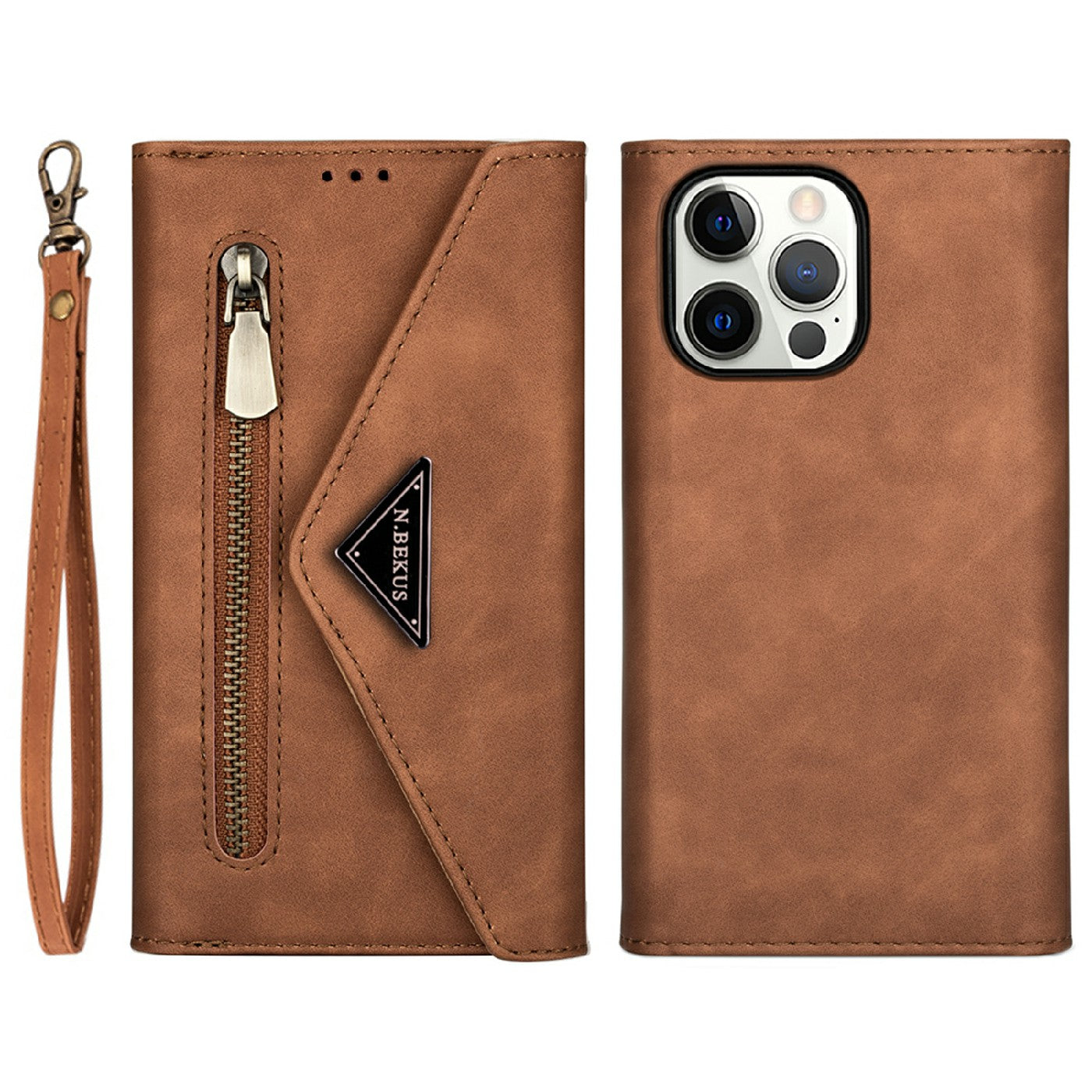 Skin Feeling Stylish Leather Zipper Wallet Stand Phone Case with Two Straps for iPhone 13 Pro Max 6.7 inch
