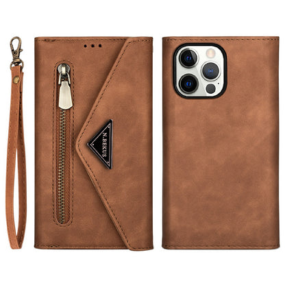 Skin Feeling Stylish Leather Zipper Wallet Stand Phone Case with Two Straps for iPhone 13 Pro Max 6.7 inch