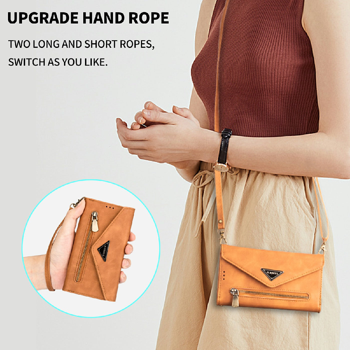 Skin Feeling Stylish Leather Zipper Wallet Stand Phone Case with Two Straps for iPhone 13 Pro Max 6.7 inch