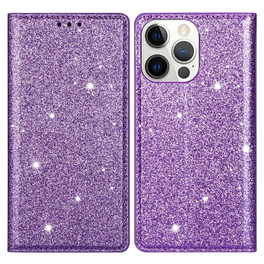 Ultra-thin Flash Powder PU Leather Protective Stand Case Cover with Card Holder for iPhone 13 Pro 6.1 inch