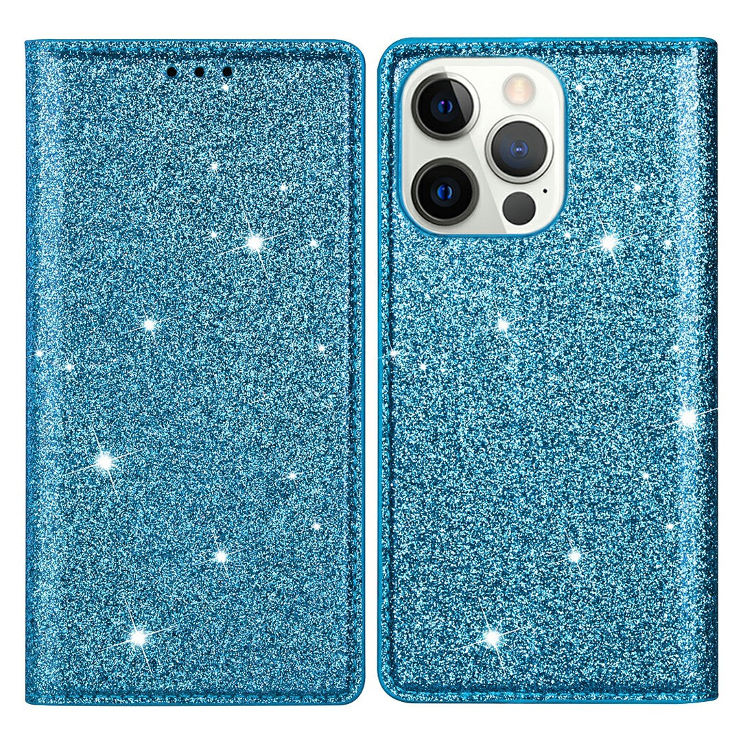 Ultra-thin Flash Powder PU Leather Protective Stand Case Cover with Card Holder for iPhone 13 Pro 6.1 inch