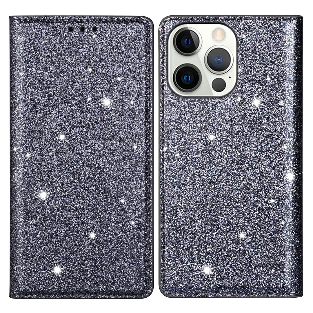 Ultra-thin Flash Powder PU Leather Protective Stand Case Cover with Card Holder for iPhone 13 Pro 6.1 inch